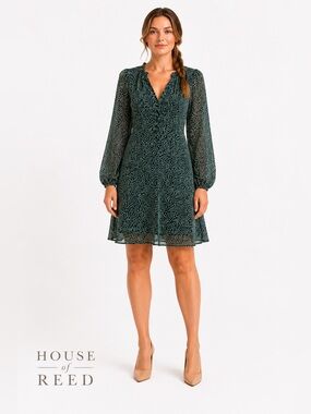 Joie Balloon Sleeve Mini Dress XL Dark Green Speckled Animal Print NWT
